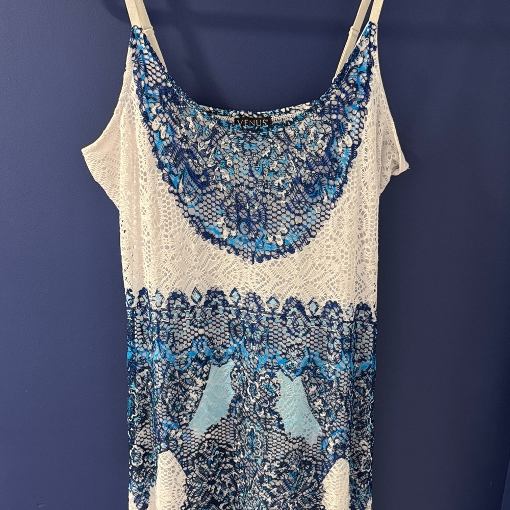 VENUS Blue and White Lace Overlay Dress